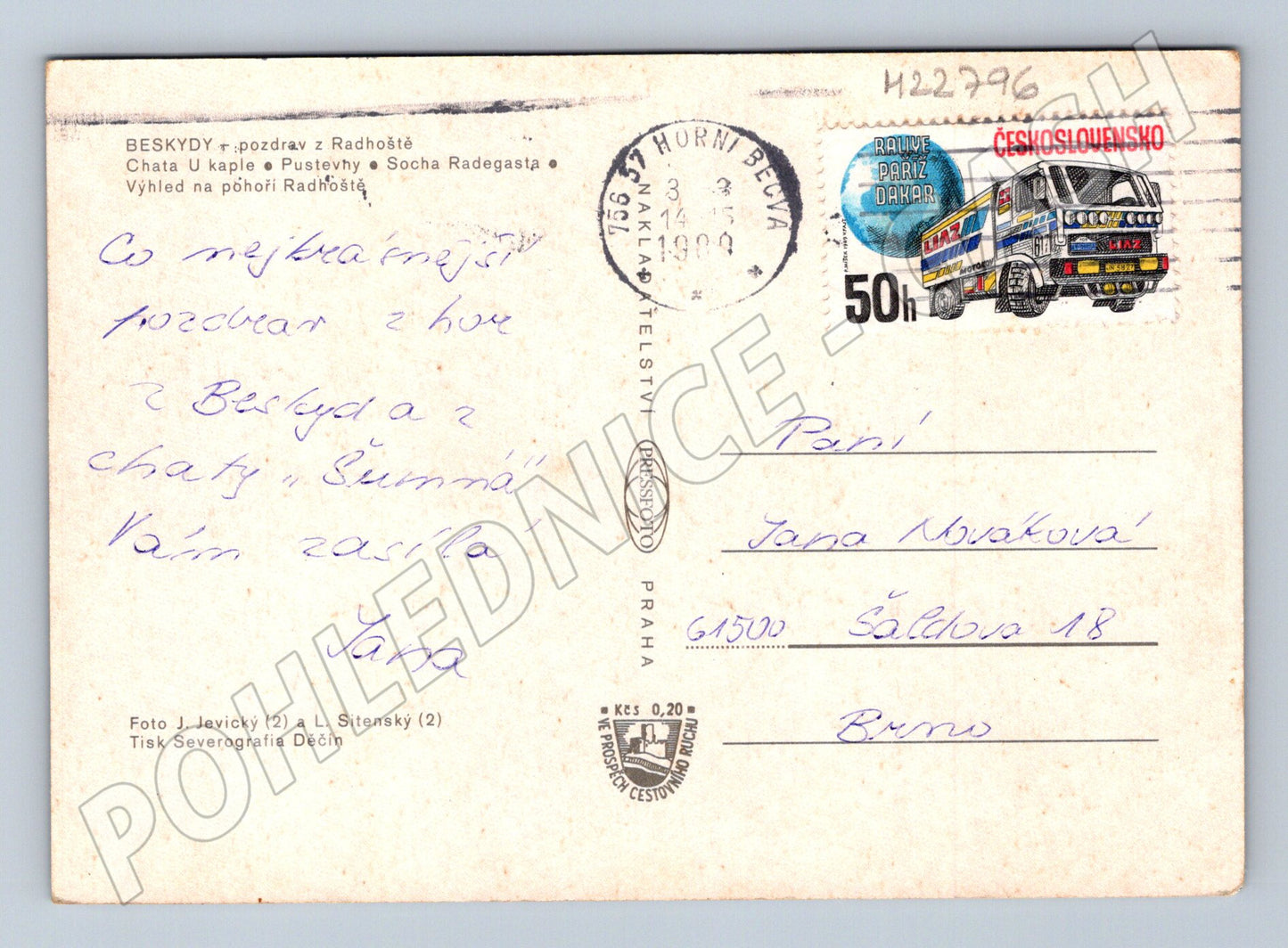 Pohlednice Beskydy Radhošť Pustevny 1990 (M22796)