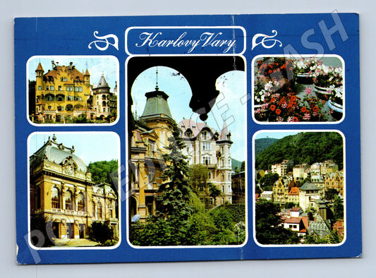 Pohlednice Karlovy Vary koláž budov a květin 1983 (M22810)