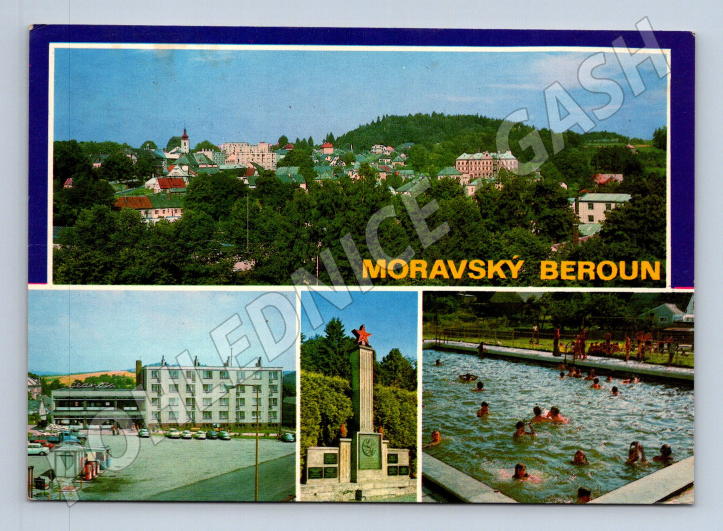Pohlednice Moravský Beroun náměstí koupaliště památník (M22824)