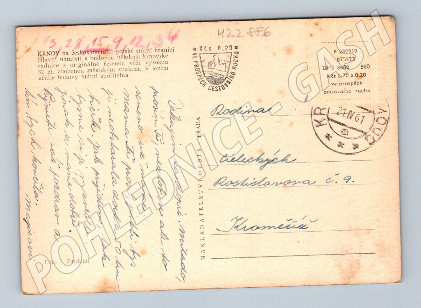 Pohlednice Krnov radnice náměstí 1961 (M22886)