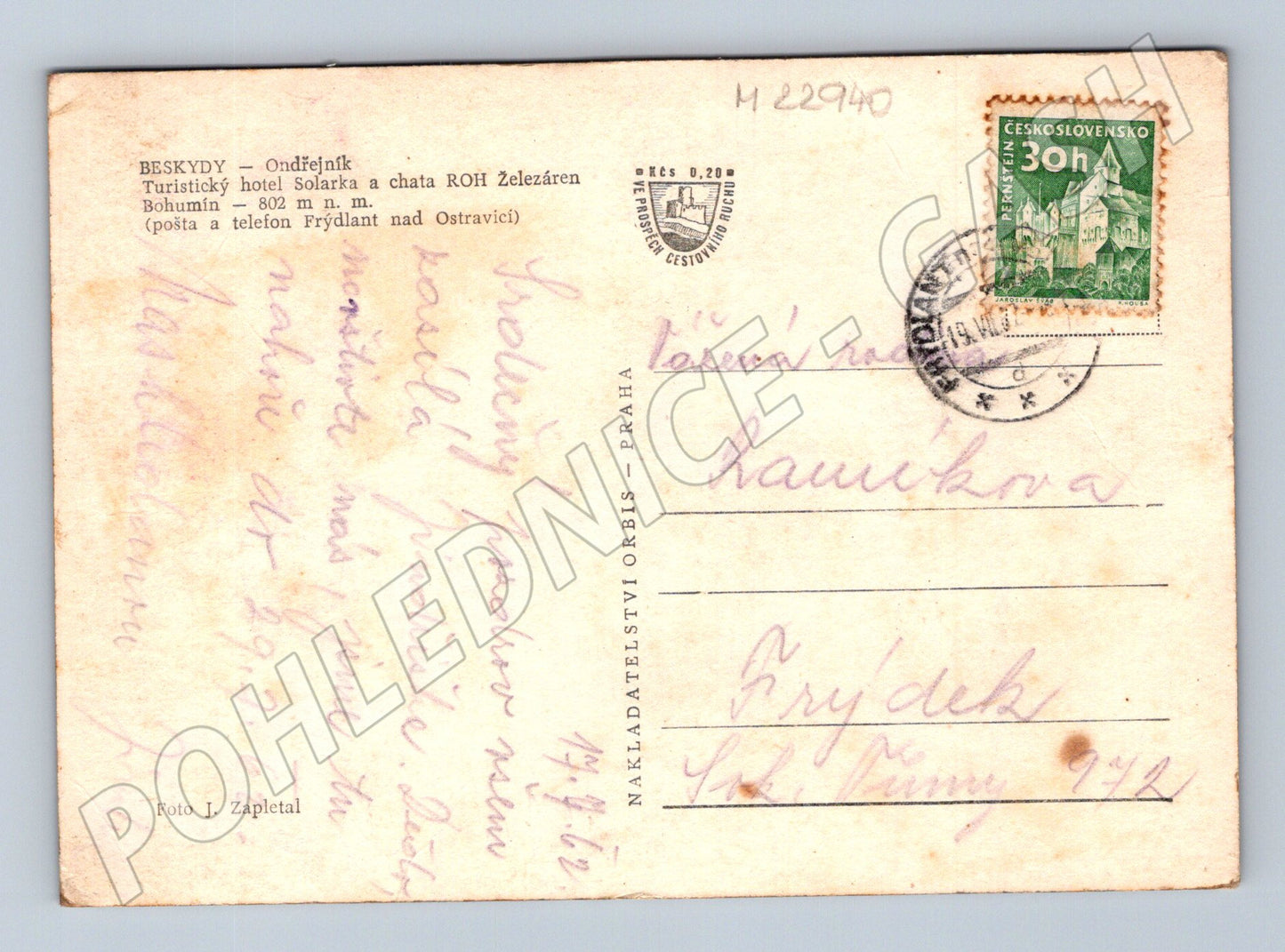 Pohlednice Beskydy Ondřejník hotel Solárka 1962 (M22940)