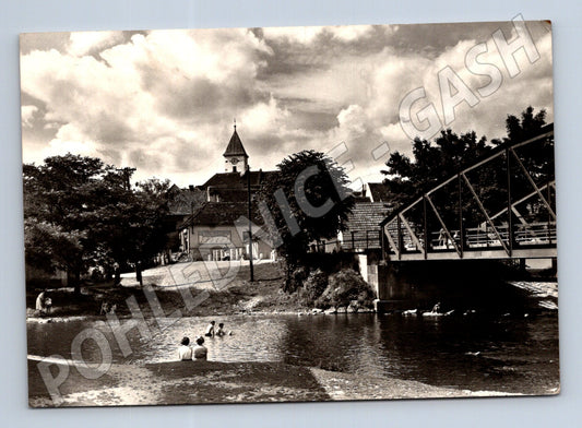Pohlednice Strunkovice nad Blanicí řeka, most, kostel 1976 (M22956)