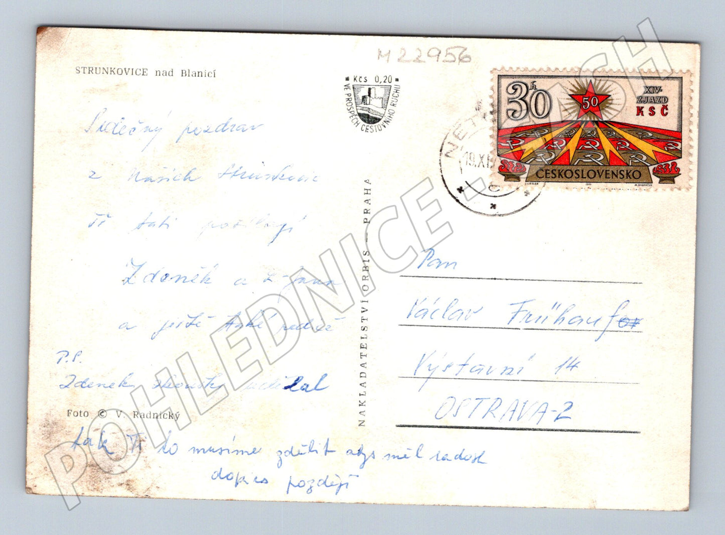 Pohlednice Strunkovice nad Blanicí řeka, most, kostel 1976 (M22956)