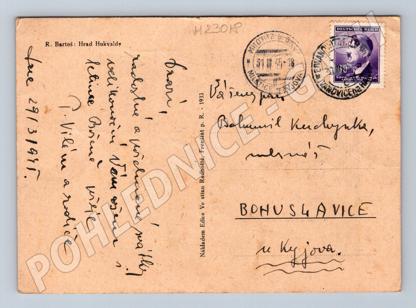 Pohlednice Hrad Hukvaldy dřevoryt 1933 (M23018)