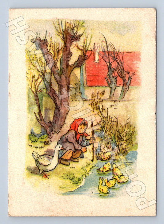 Pohlednice Velikonoce dítě husa káčata okolo 1930 (M23175)