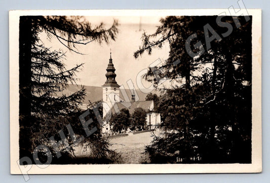 Pohlednice zámek nebo klášter mezi stromy ČB (M2318)