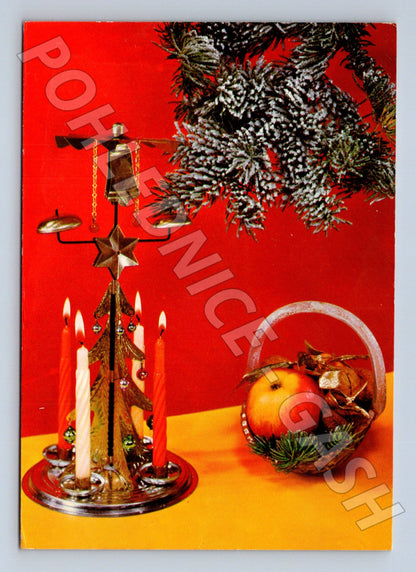 Pohlednice Vánoční motiv svícen a jablko cca 1960s (M23201)