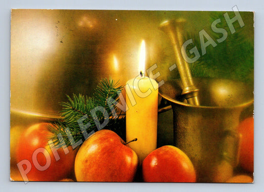 Pohlednice vánoční motiv svíčka a jablka 1988 (M23226)