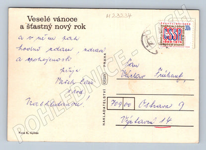 Pohlednice košík jablek a ořechů Vánoce ~1970s (M23234)