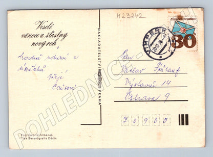 Pohlednice detail starých hodin a erbu cca 1958 (M23242)