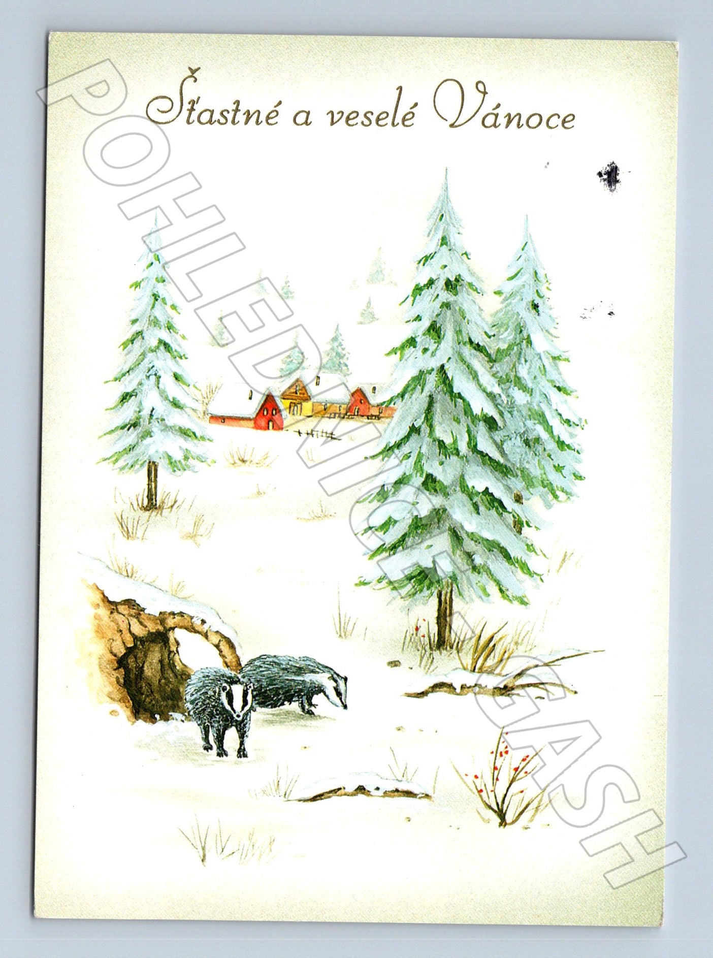 Pohlednice Vánoční motiv jezevci zasněžená krajina 1993 (M23243)