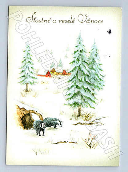 Pohlednice Vánoční motiv jezevci zasněžená krajina 1993 (M23243)