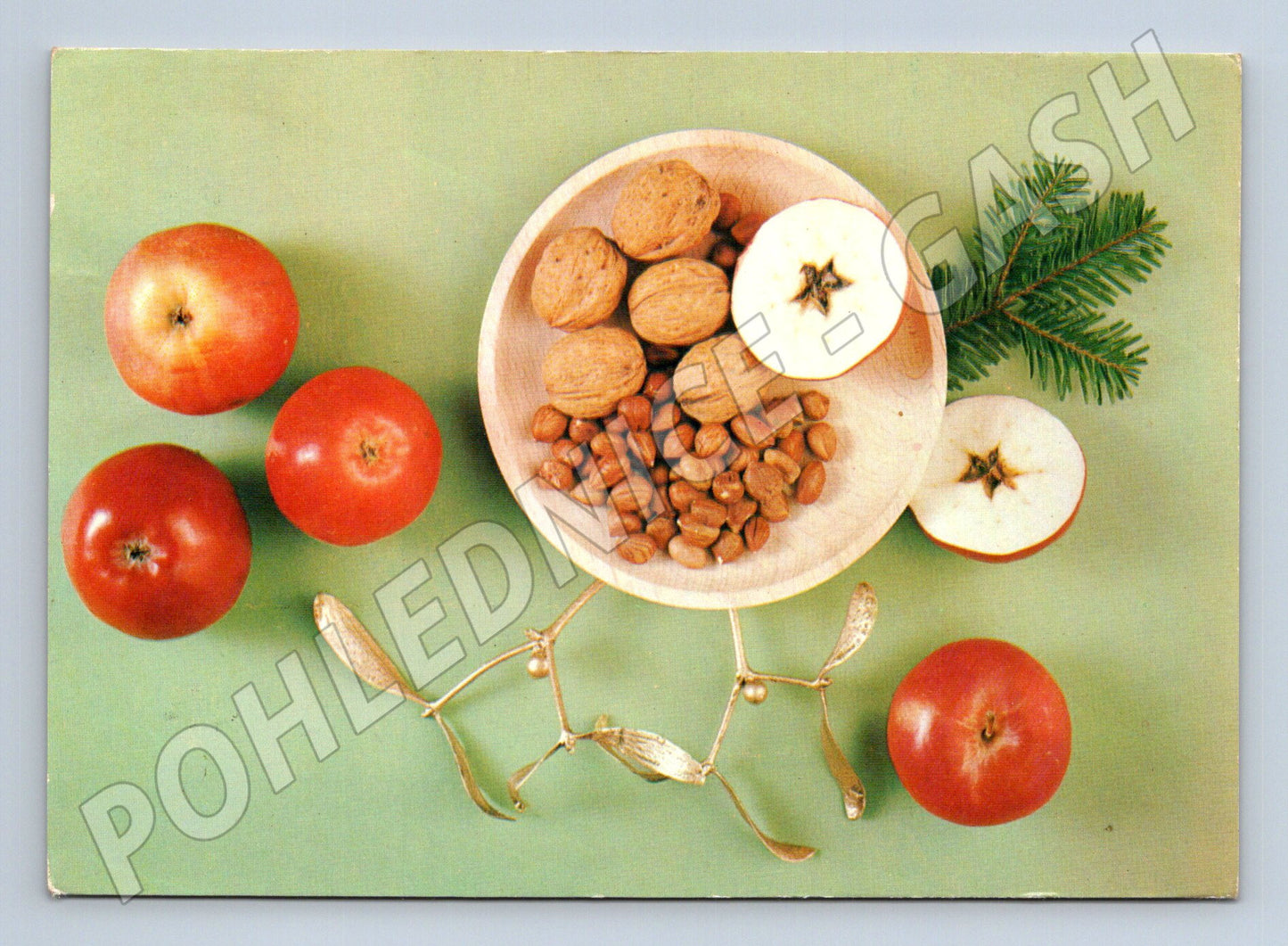 Pohlednice Vánoční motiv ořechy jablka 1989 (M23248)