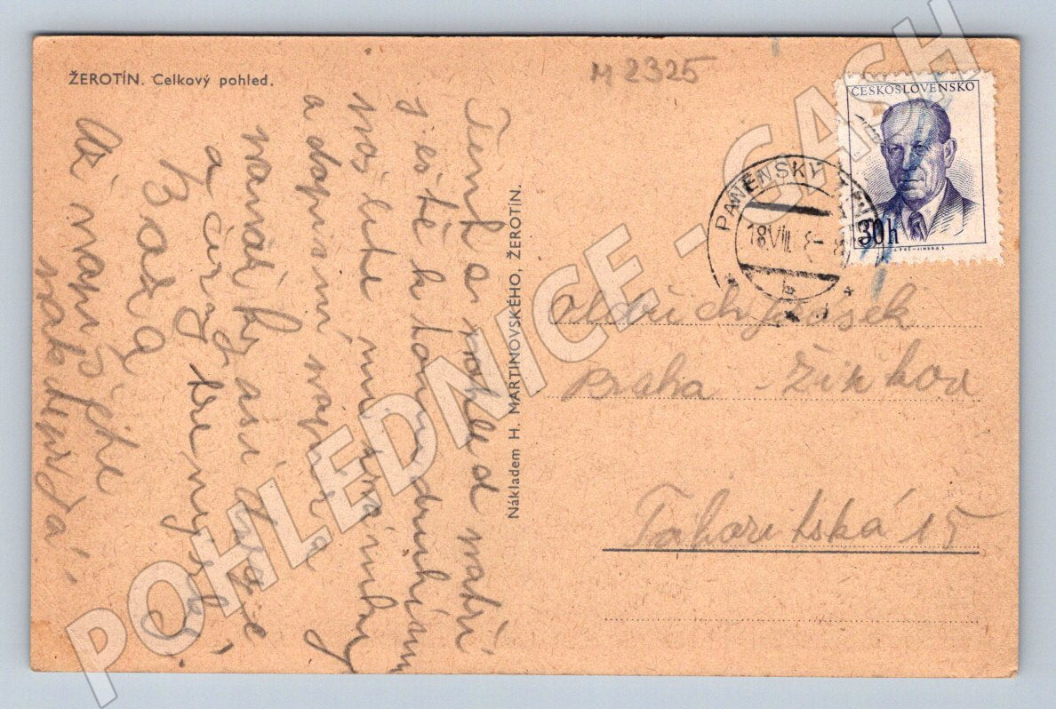 Pohlednice Žerotín celkový pohled raz 1948 (M2325)