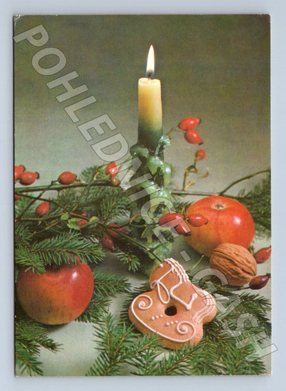 Pohlednice vánoční motiv svíčka a cukroví 1987 (M23264)