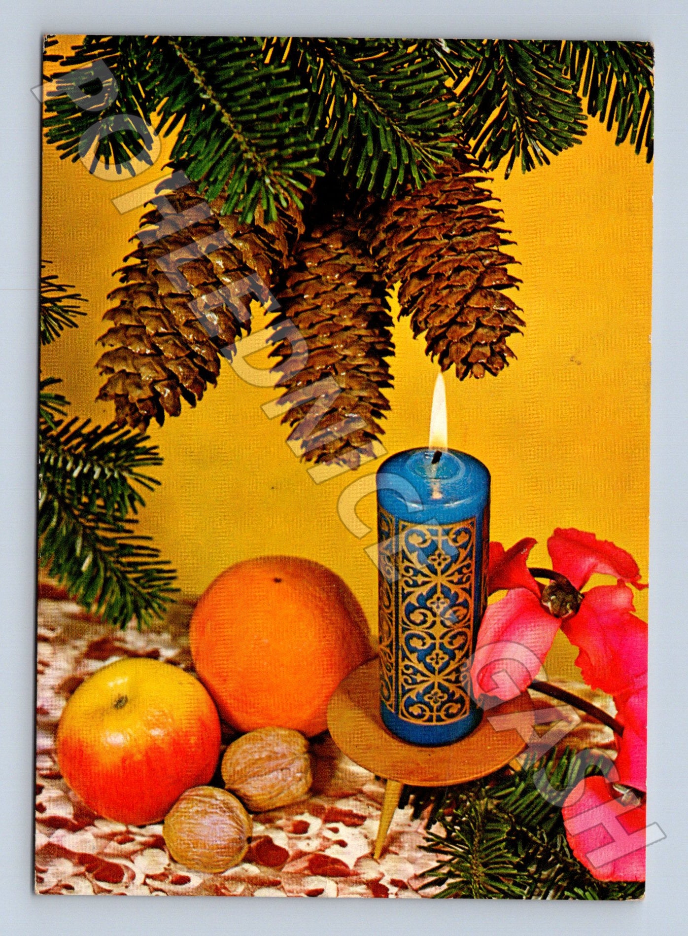Pohlednice Vánoční motiv svíčka šišky 1974 (M23269)