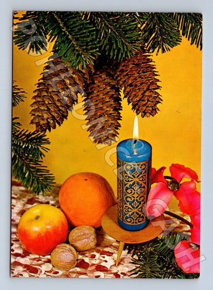 Pohlednice Vánoční motiv svíčka šišky 1974 (M23269)