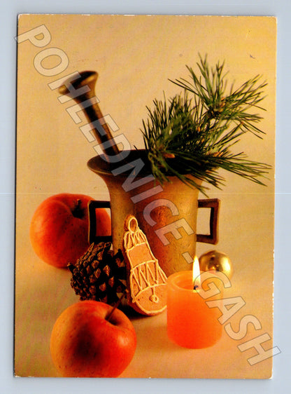 Pohlednice Vánoční motiv svíčka a jablka 1962 (M23289)