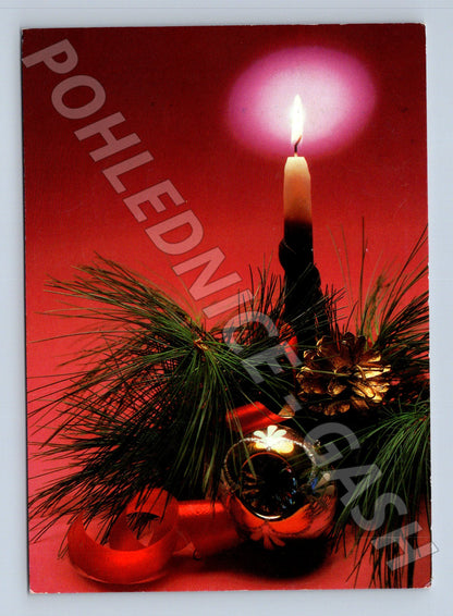 Pohlednice Vánoční motiv svíčka jehličí 1989 (M23301)