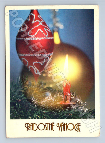 Pohlednice Vánoční motiv svíčka ozdoba 1990 (M23303)