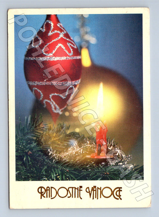 Pohlednice Vánoční motiv svíčka ozdoba 1990 (M23303)