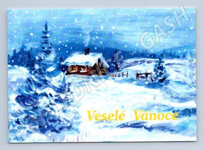Pohlednice Veselé Vánoce zimní krajina chata (M23311)