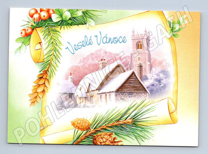 Pohlednice Veselé Vánoce zasněžená vesnice 2001 (M23329)