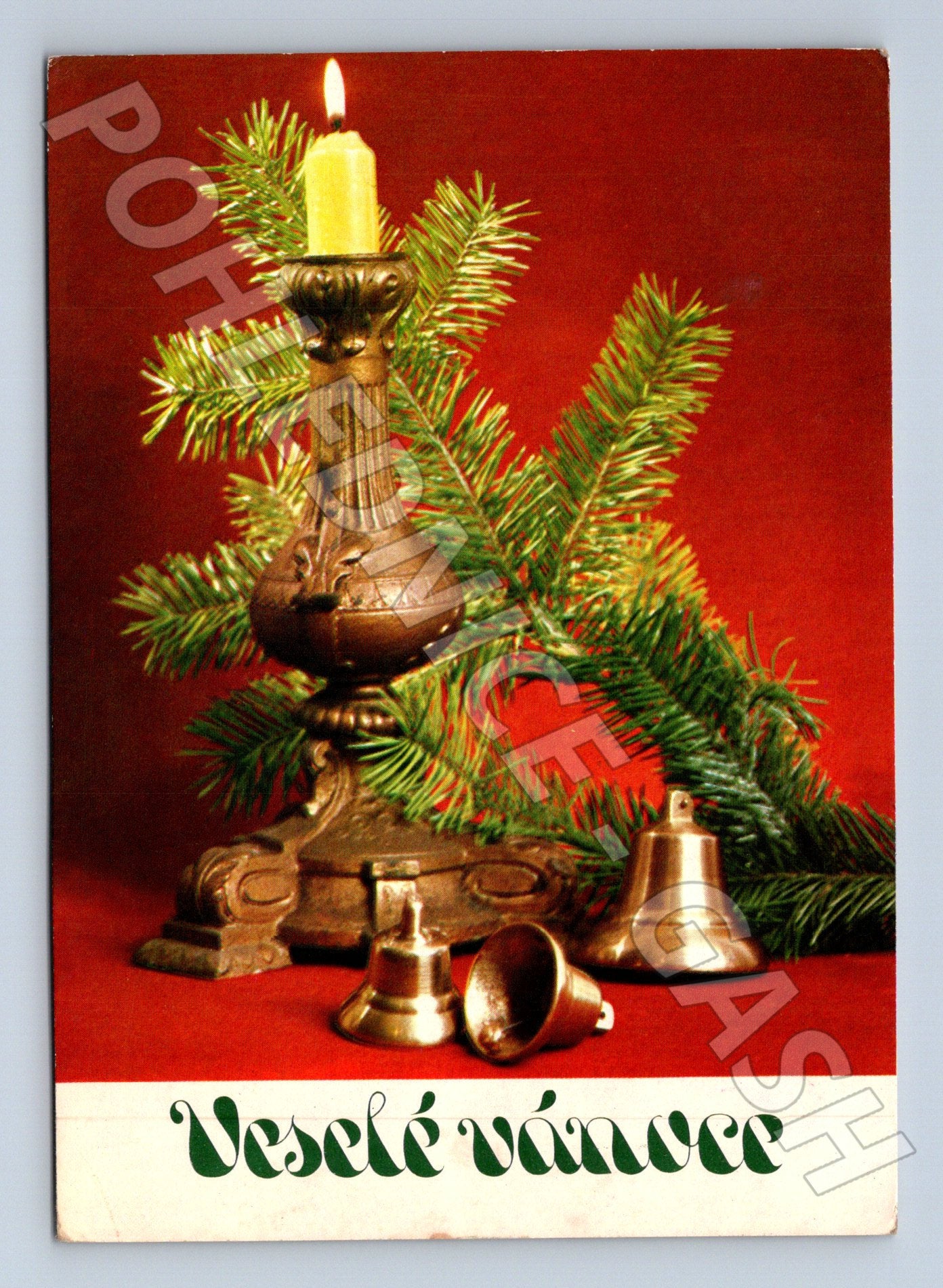 Pohlednice Vánoční motiv svíčka zvonky 1979 (M23338)