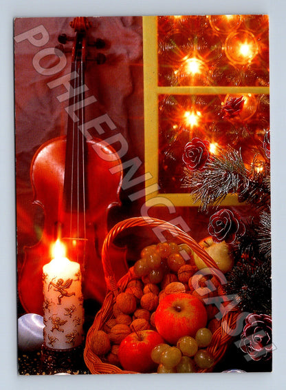 Pohlednice vánoční motiv housle ovoce 2003 (M23339)
