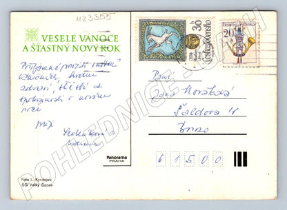 Pohlednice Vánoční motiv svíčka jmelí 1970 (M23355)