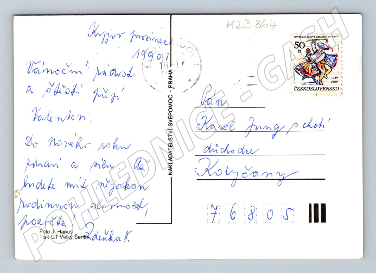 Pohlednice zimní scéna lovci a srna 1990 (M23364)