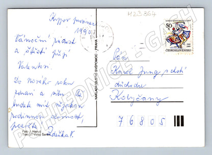 Pohlednice zimní scéna lovci a srna 1990 (M23364)