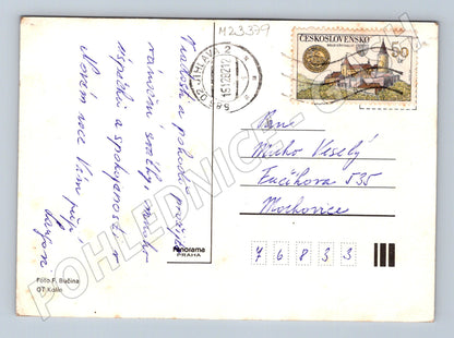 Pohlednice vánoční motiv jedle svíčky ovoce 1989 (M23379)