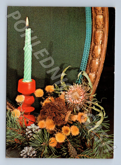 Pohlednice Vánoční motiv svíčka a chvojí 1978 (M23413)