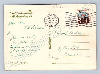 Pohlednice zimní krajina lyžaři zasněžené stromy 1974 (M23427)