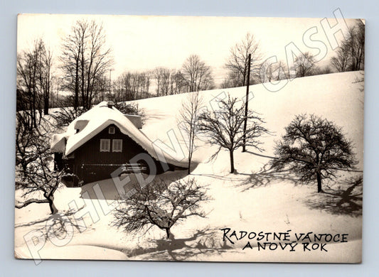 Pohlednice Vánoční přání zimní krajina 198X (M23448)