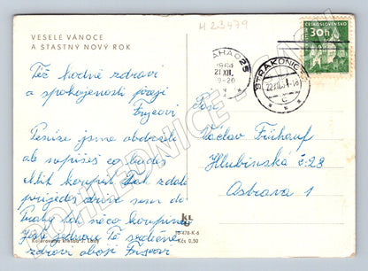 Pohlednice Vánoce Jos. Lada zimní scéna s koňmi 1955 (M23479)