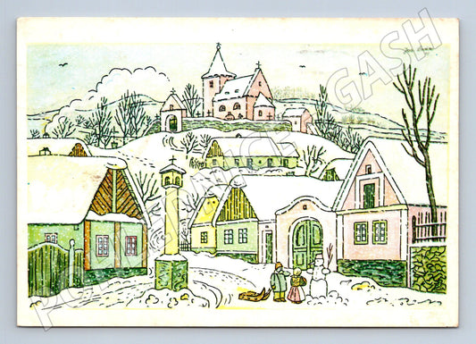 Pohlednice zimní vesnice novoroční přání 1987 (M23487)