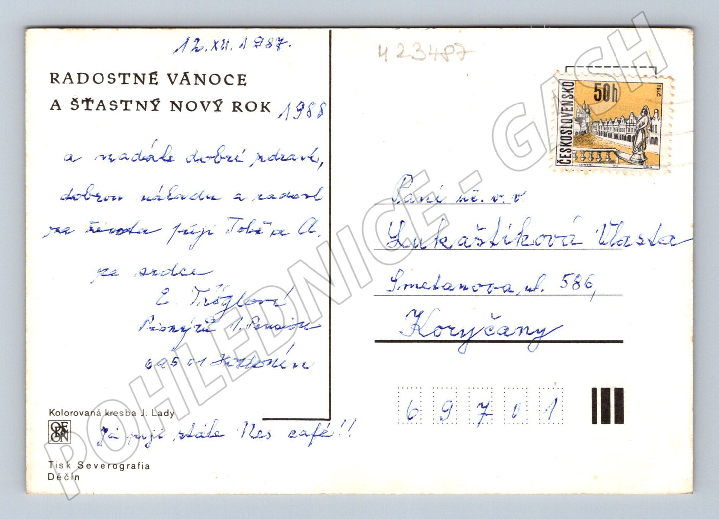 Pohlednice zimní vesnice novoroční přání 1987 (M23487)