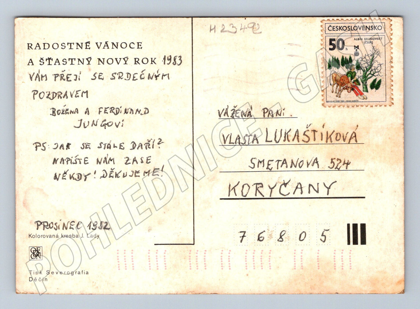 Pohlednice Vánoční zimní krajina J. Lady 1982 (M23492)