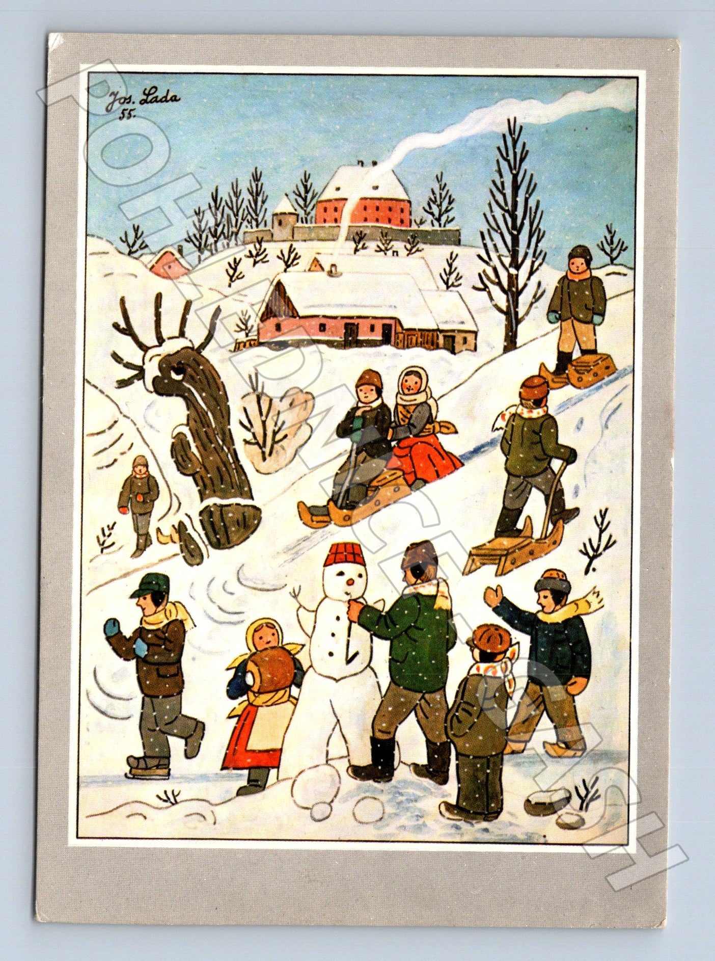 Pohlednice zimní scéna děti a sněhulák 1985 (M23499)