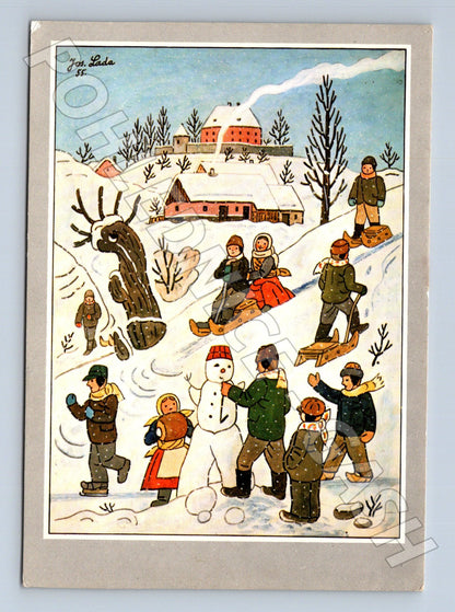 Pohlednice zimní scéna děti a sněhulák 1985 (M23499)