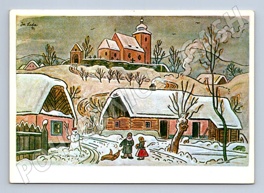 Pohlednice Vánoční Josef Lada zimní krajina 1985 (M23502)