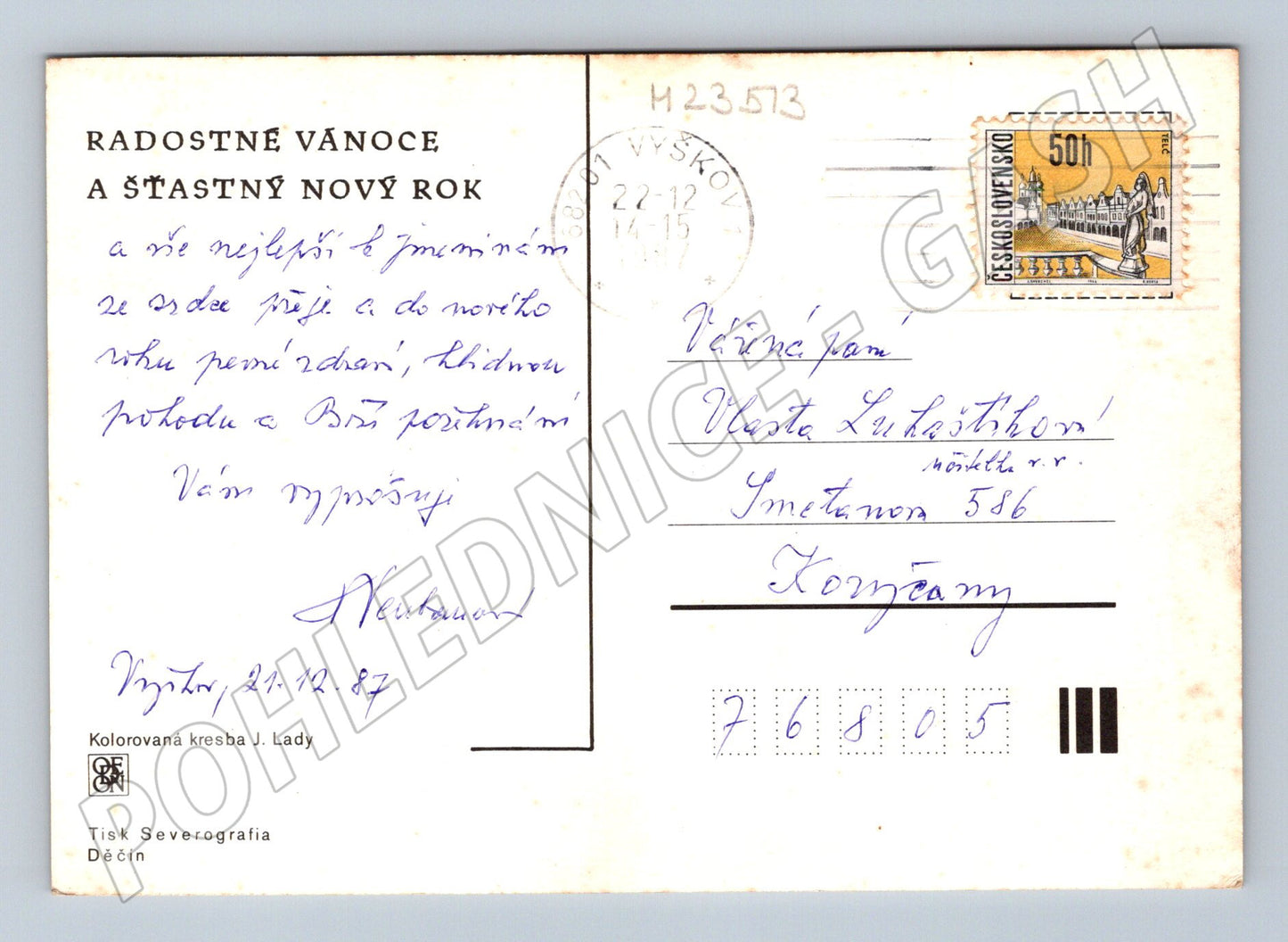 Pohlednice vánoční zimní krajina J. Lada 1987 (M23513)