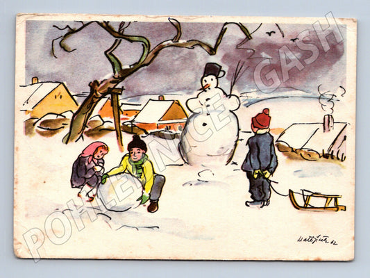 Pohlednice Vánoce děti sněhulák 1962 (M23519)