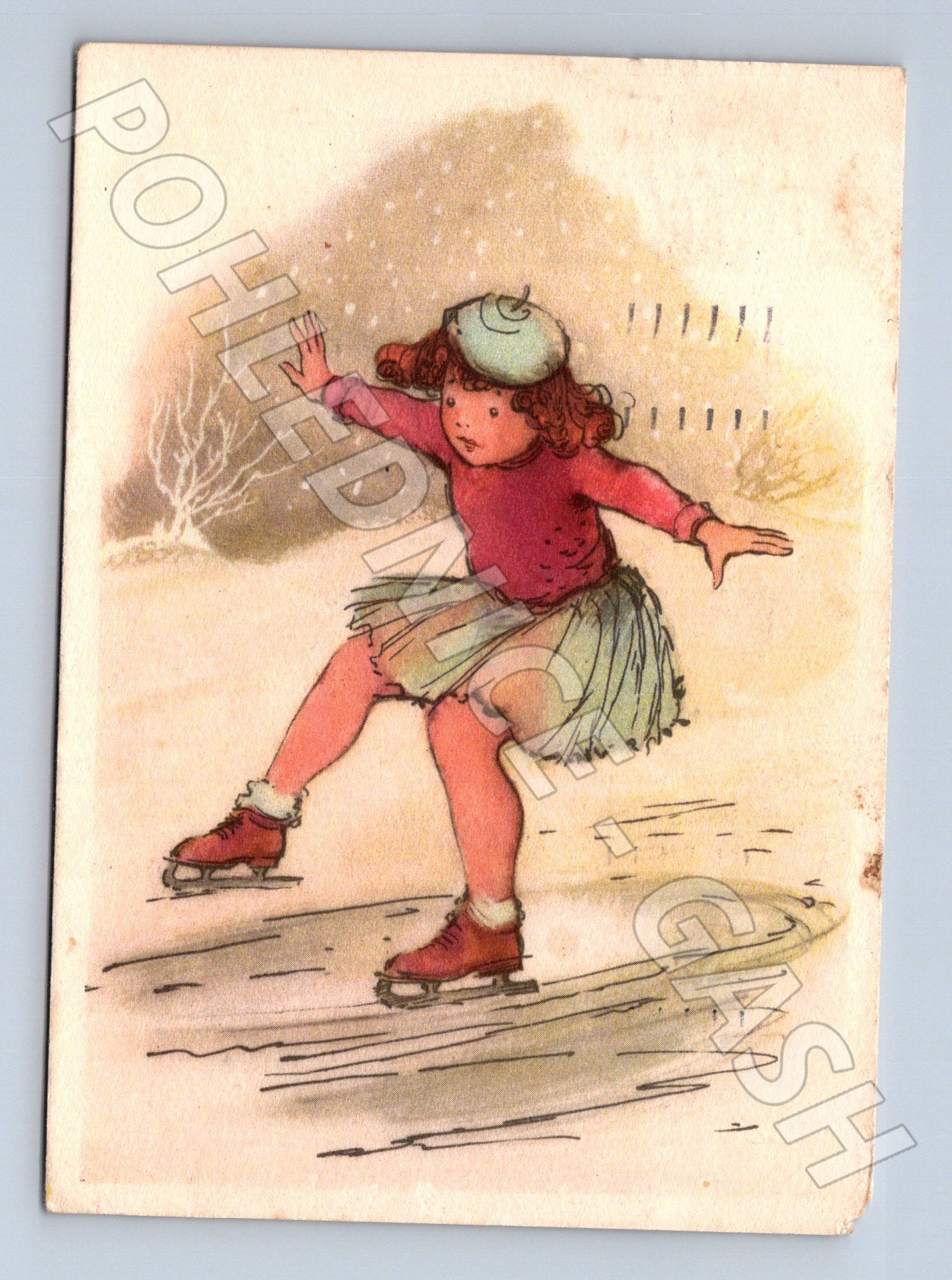 Pohlednice dívka bruslení pád 1950 (M23523)