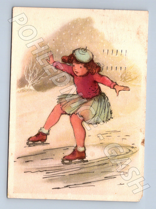 Pohlednice dívka bruslení pád 1950 (M23523)