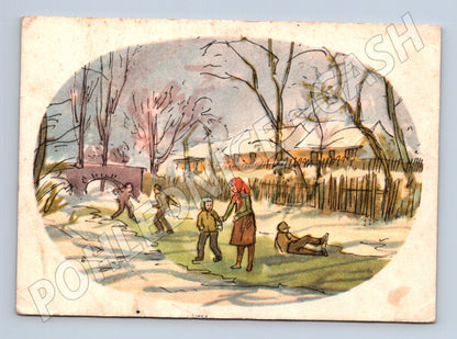 Pohlednice vánoční zimní scéna děti 1930 (M23526)