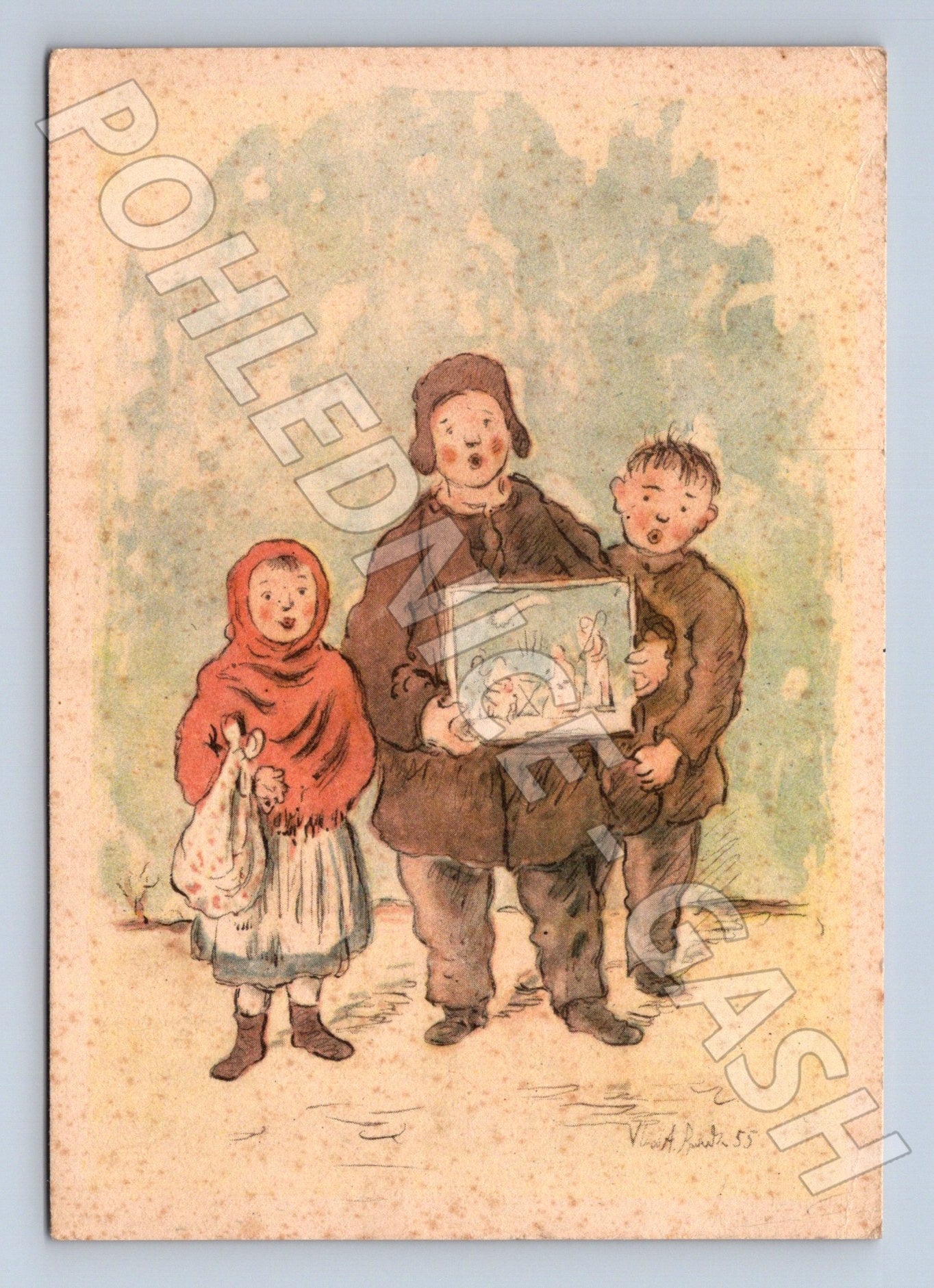 Pohlednice Vánoční děti s knihou 1946 (M23536)