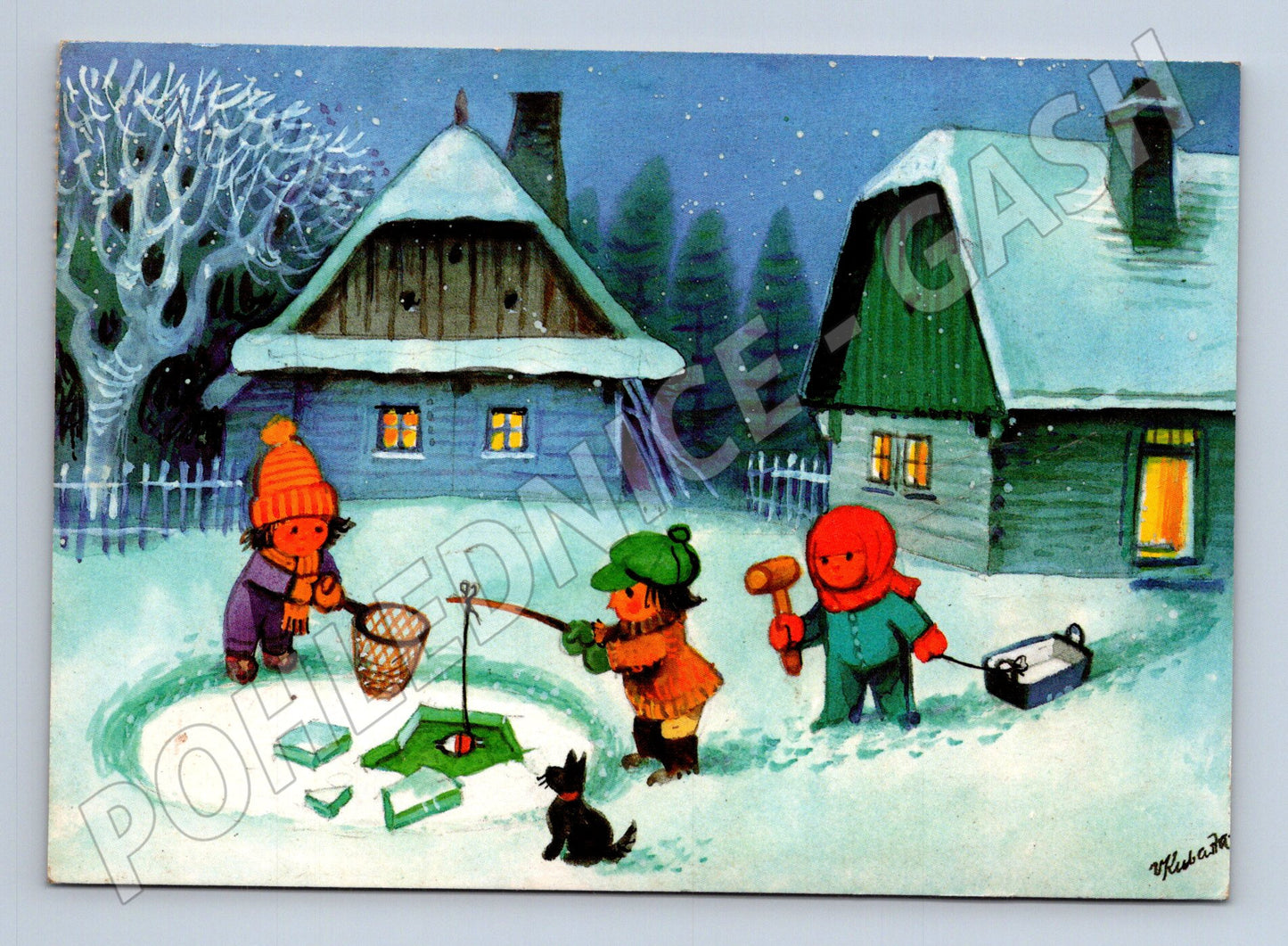 Pohlednice vánoční motiv děti rybaření na ledu 1992 (M23544)